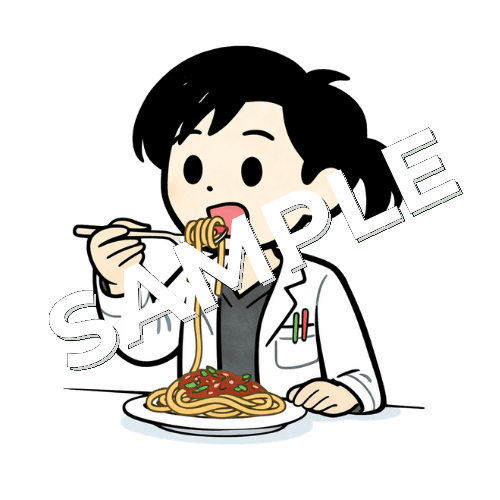 パスタを食べる女性薬剤師のイラスト