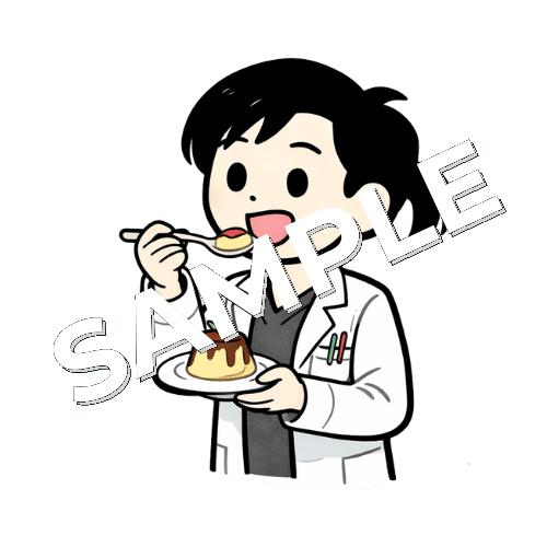 プリンを食べる女性薬剤師のイラスト