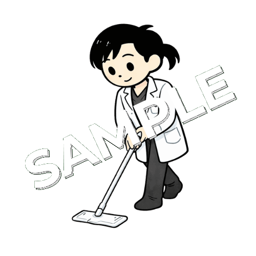 フローリングワイパーを使う女性薬剤師のイラスト