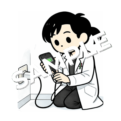 スマホを充電する女性薬剤師のイラスト