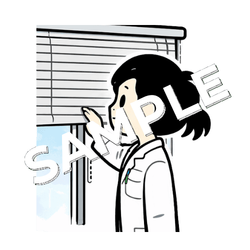 ブラインドを閉める女性薬剤師のイラスト