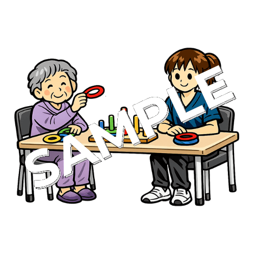 ペグをする高齢女性患者と女性作業療法士のイラスト