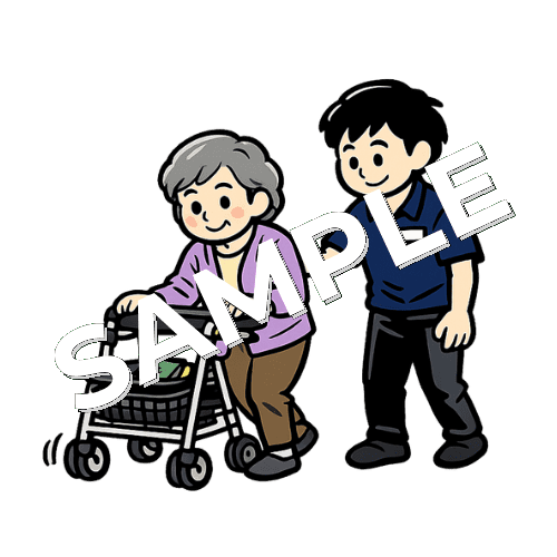 シルバーカーで移動する高齢女性患者と男性理学療法士のイラスト