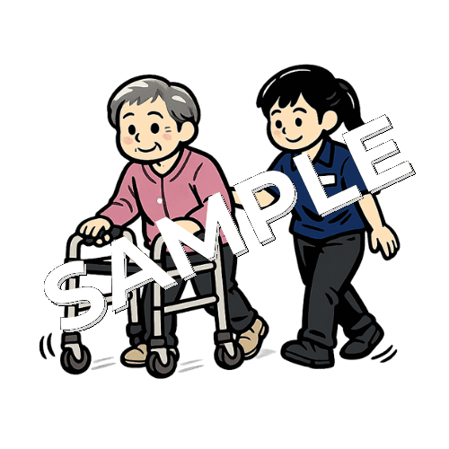 キャスター付き歩行器で移動する高齢男性患者と女性理学療法士のイラスト