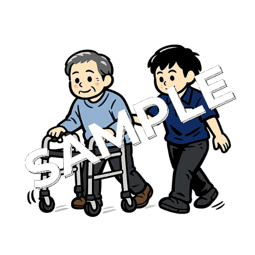 キャスター付き歩行器で移動する高齢男性患者と男性理学療法士のイラスト