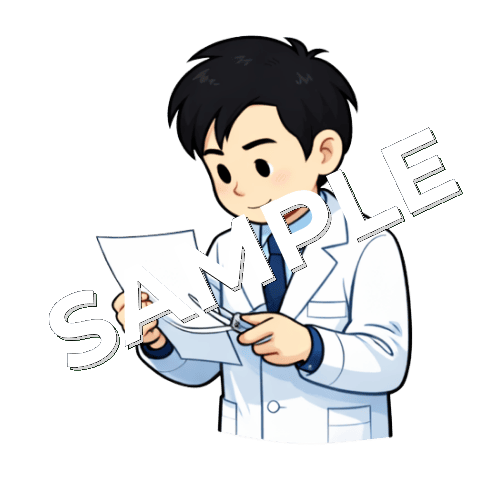 ハサミで紙を切る男性薬剤師のイラスト