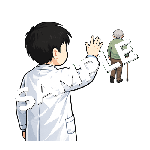 高齢男性患者を見えなくなるまでお見送りする男性薬剤師のイラスト