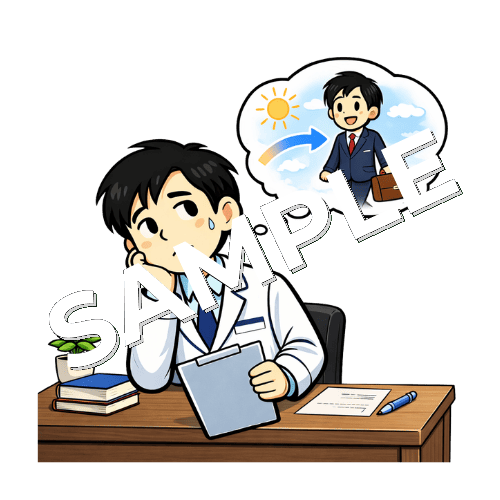 業務中に転職の事を考える男性薬剤師のイラスト