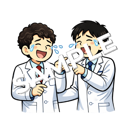 同僚と笑い泣きの談笑をしている男性薬剤師のイラスト