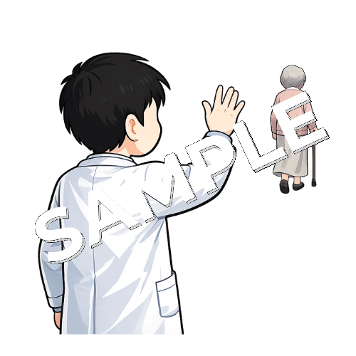 高齢女性患者を見えなくなるまでお見送りする男性薬剤師のイラスト