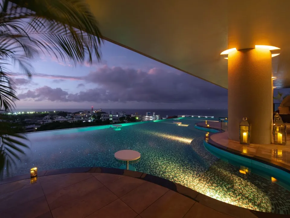 infinity pool at night time