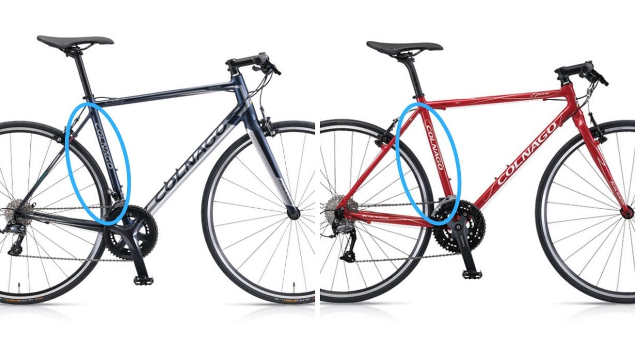 コルナゴのフラットバーロードVORREI(左)とクロスバイクのEPOCA(右)。VORREIのほうがホイールベースは短めに設計されているのがわかる。シートチューブとタイヤの距離を見ると違いがわかりやすい。トップチューブ長もVORREIは短め。
