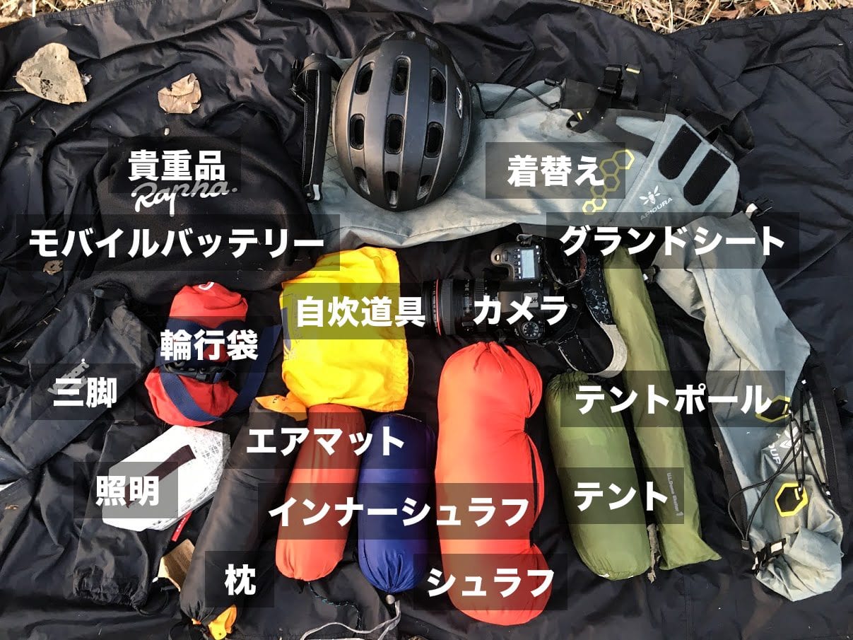 ギアを広げてみた図です。基本的には登山やウルトラライトハイクで使用されるギアを流用しています。それぞれの重量は非常に軽く、カメラを除けばこれらの機材を全て入れても3kg以下に収めることができます。photo:神楽坂つむり