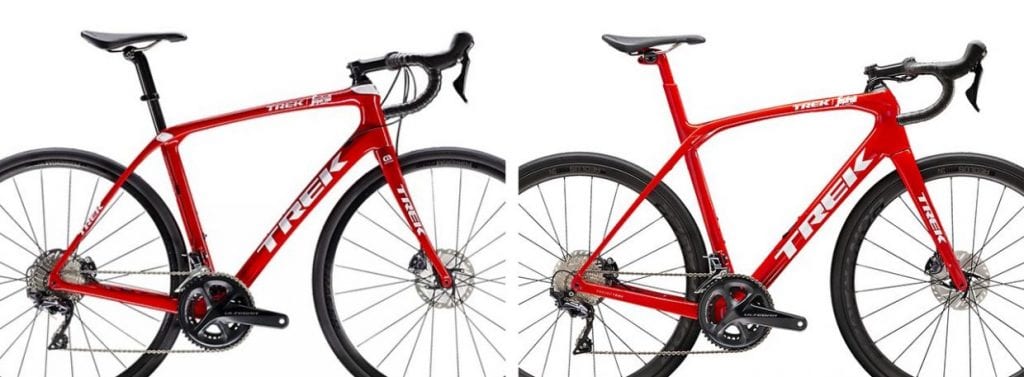 Domane SLR 6の2019年モデル(左)と、2020年モデル(右)。遠目でも内臓ワイヤリングや扁平フレームにエアロテイストが見てとれる。