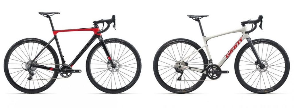 シクロクロス(左、Giant TCX ADVANCED PRO 1)とグラベルロード(右、Giant REVOLT ADVANCED 2)。グラベルロードは担ぐことを想定していないため、トップチューブは振動吸収や乗りやすさを重視した設計となっている。 Image:GIANT