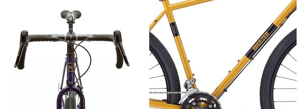 ハンドルは幅広、フレア形状(ハの字型)、フレームにはダボ穴が多い。 Image:(左)KONA BIKES(右)BREEZER