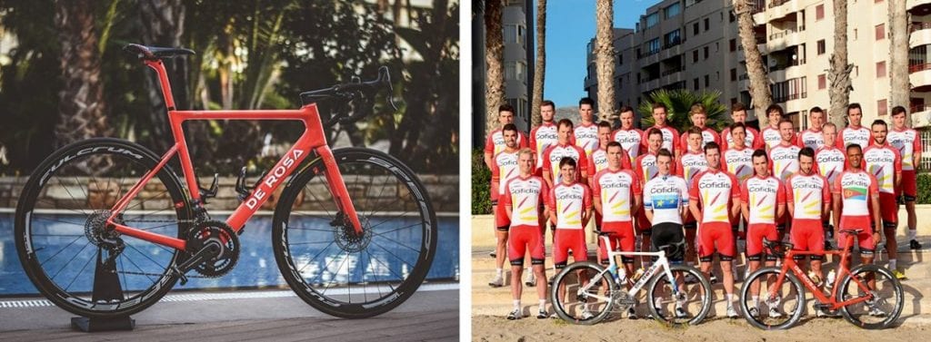 (左)チームカラーをまとった軽量オールラウンダーMERAK。(右)イタリア人トップスプリンター、エリア・ヴィヴィアーニ(中央左、ホワイトのチャンピオンジャージを着用)を迎えた新生コフィディス。