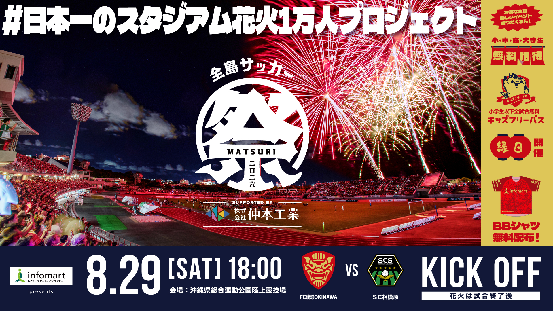 【全島サッカー祭り】日本一のスタジアム花火！ベースボールシャツ配布！