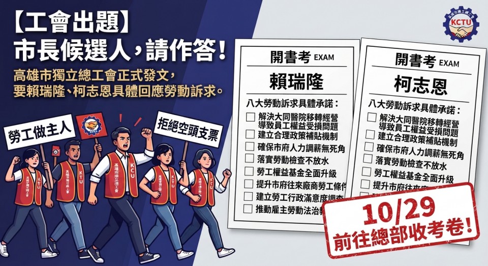 【高雄市獨立總工會新聞稿 】針對市長選舉「八大勞動訴求」！正式發文賴瑞隆、柯志恩陣營，月底動員前往總部「收考卷」