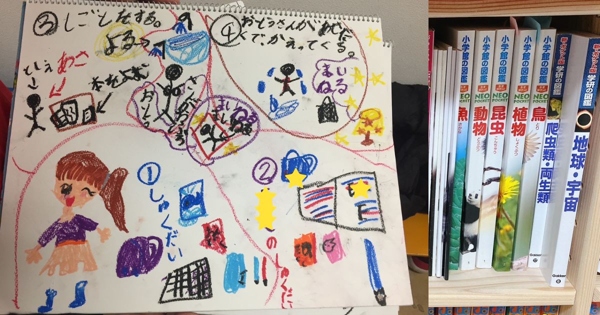 子どもが描いた絵と図鑑の写真