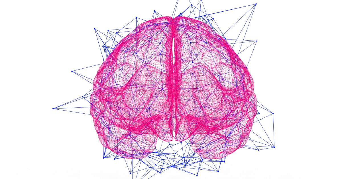 ピンクの線で描かれた脳のシルエットと、青いネットワーク線