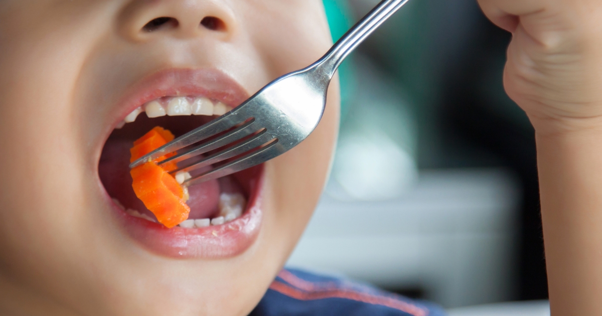 フォークに刺さった茹でた人参を、大きな口を開けて食べようとしている子供の口元のアップ