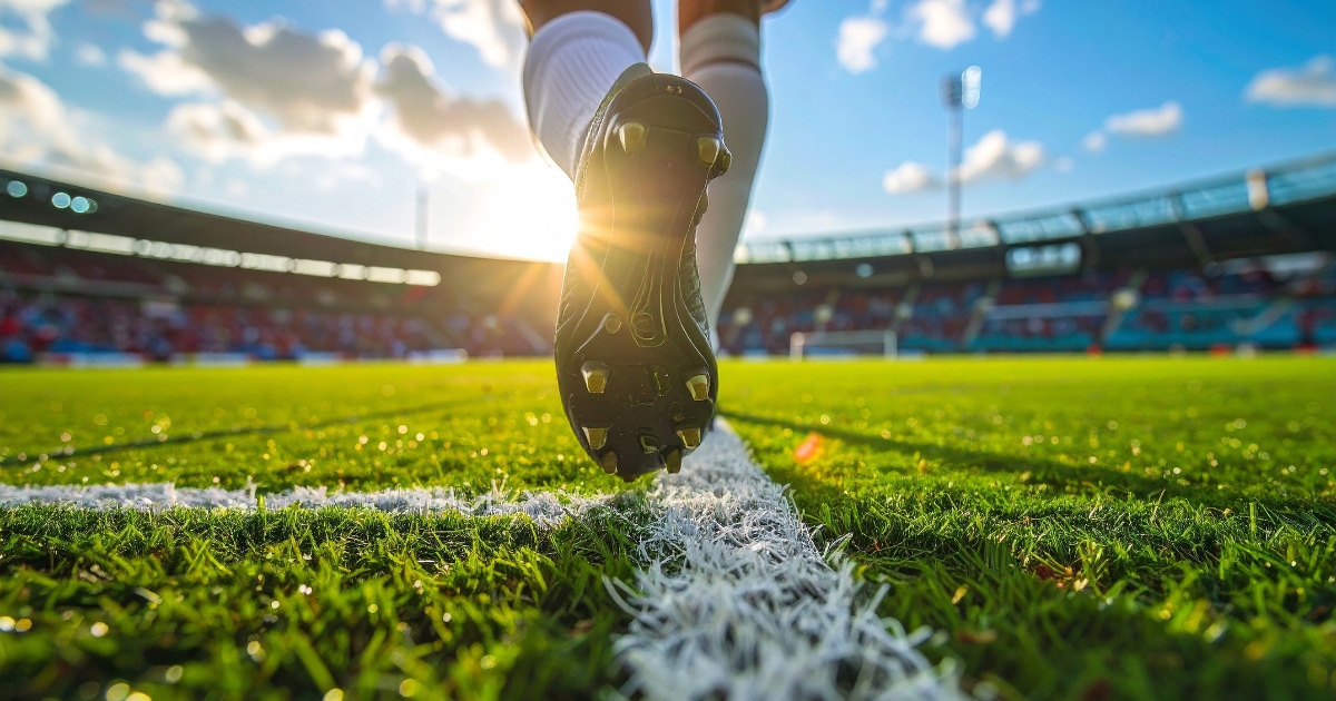 太陽の光を浴びながら、サッカーコートの白線に足を踏み出すスパイクを履いた選手の足元のアップ
