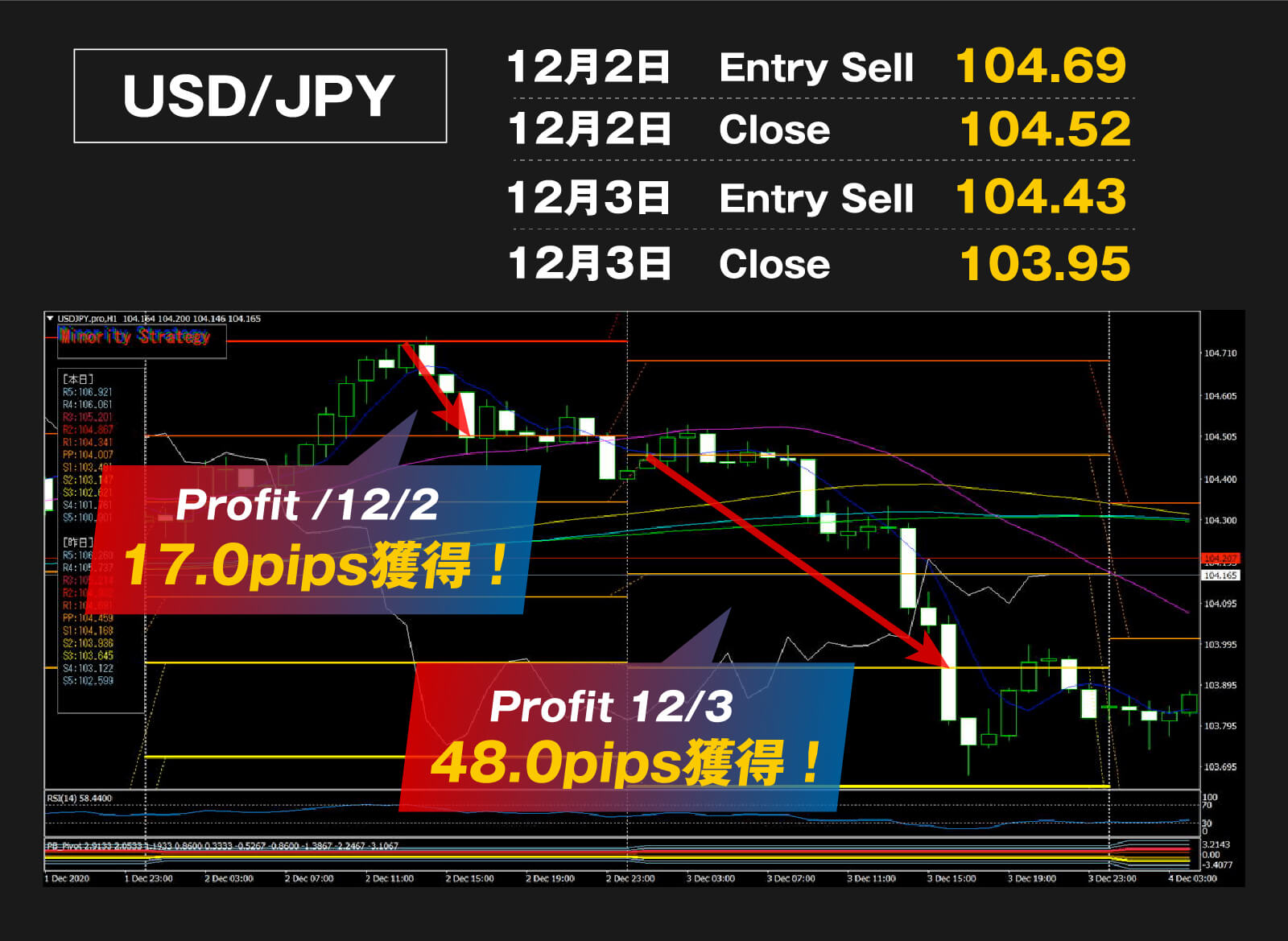 Profit 17.0pips獲得！48.0pips獲得！