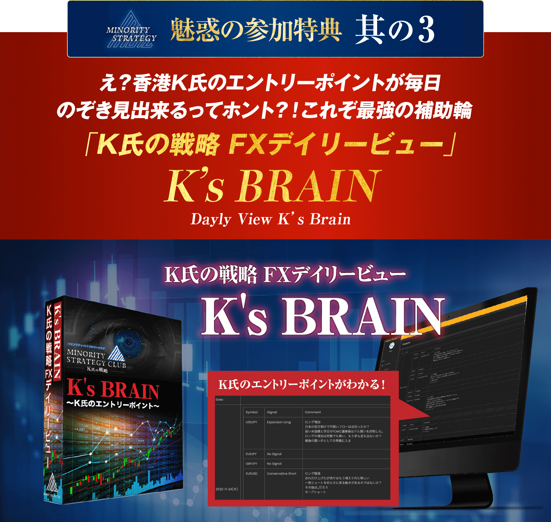 魅惑の参加特典其の3え？香港K氏のエントリーポイントが毎日のぞき見出来るってホント？！これぞ最強の補助輪「K氏の戦略 FXデイリービュー」K’s BRAIN Dayly View K’s Brain