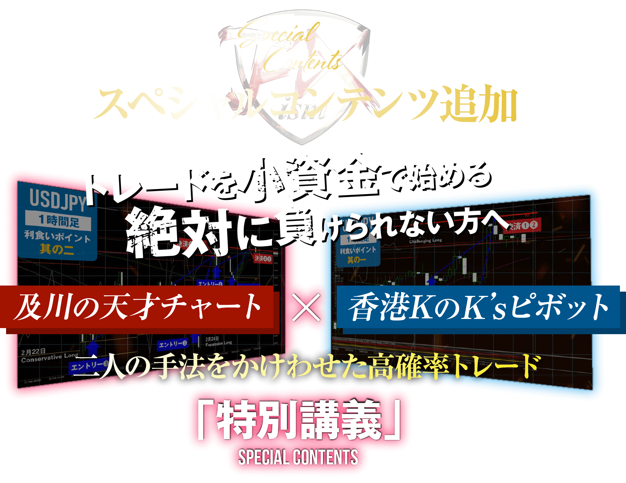 スペシャルコンテンツ追加トレードを小資金で始める絶対にけられない方へ二人の手法をかけわせた高確率トレード