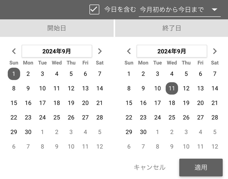 「今月初めから今日まで（今日を含む）」をクリックするとカレンダーが表示されます。