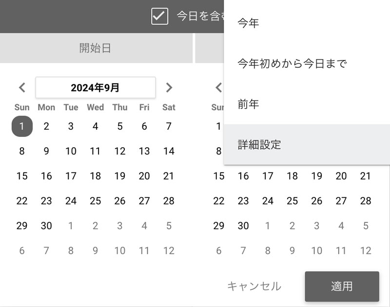 右上の「今月初めから今日まで」をクリックし、表示されるプルダウンの1番下にある「詳細設定」をクリック