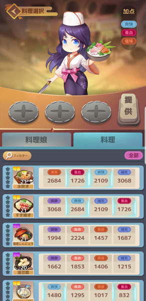 「幻想レストラン」クエストの料理選択画面