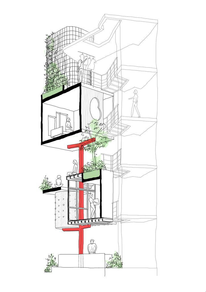 Perspective section drawing showing the red steel structure