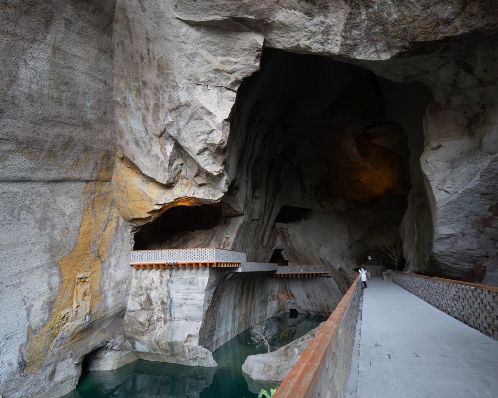Walkways linking openings in the tall rock walls