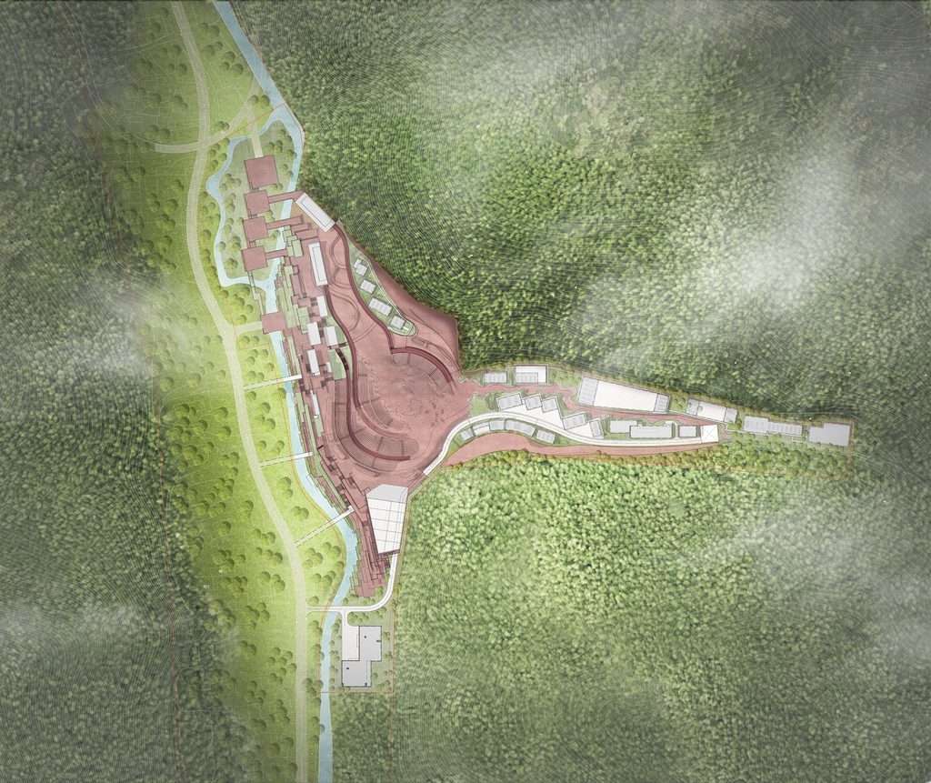 Rendered site plan drawing of the theater and aviaries