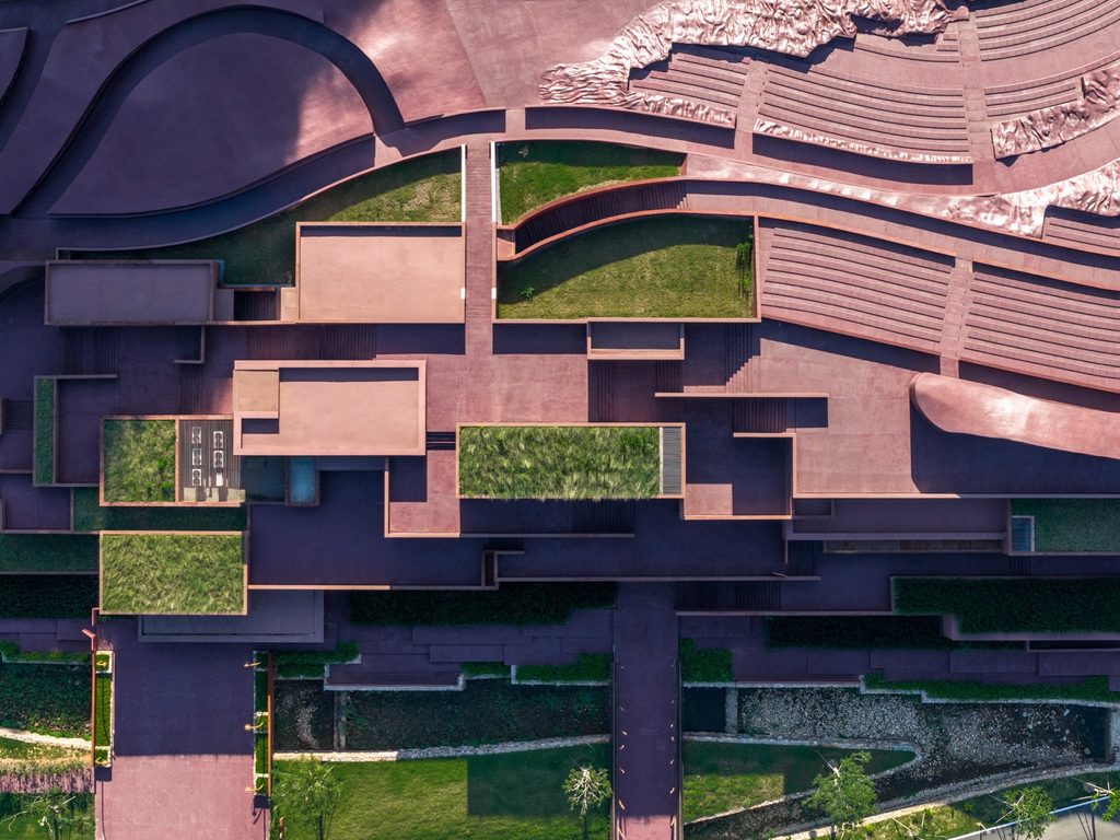 Overhead view of entrance terraces and green roofs