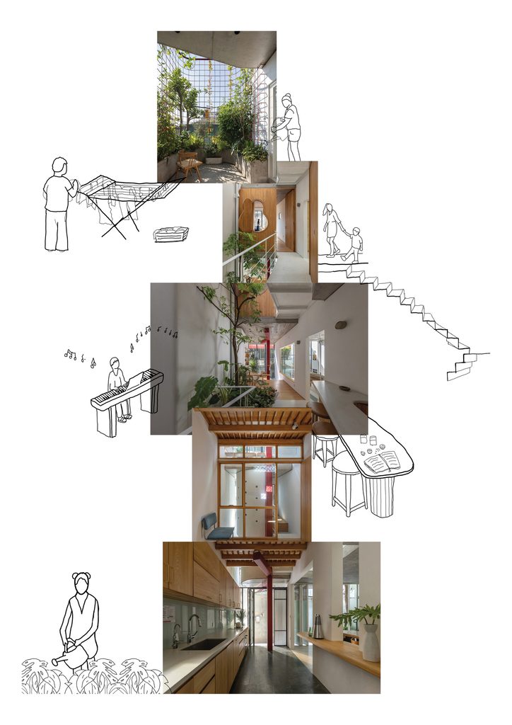 Interior collage drawing combining photographs and activity sketches