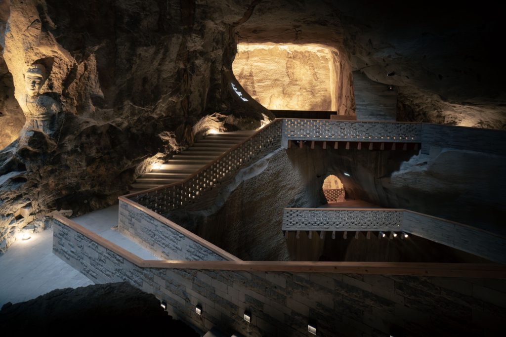 Illuminated stairs and walkways inside the quarry