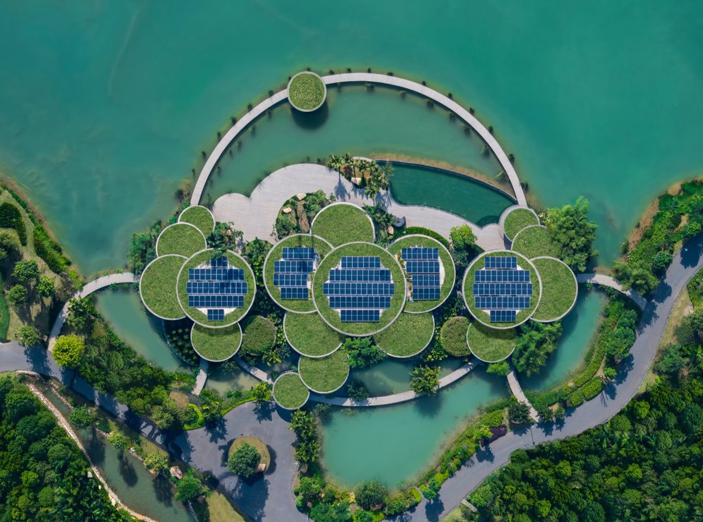 Top view of the planted roof discs with solar panels at their centres