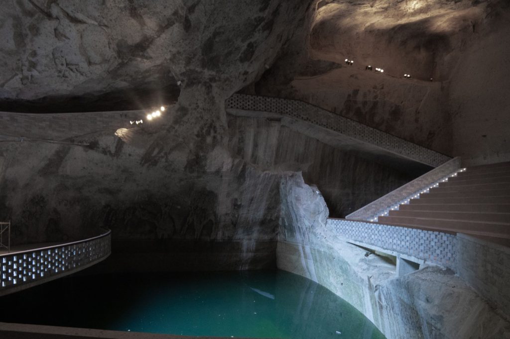 Tiered seating beside an underground pool