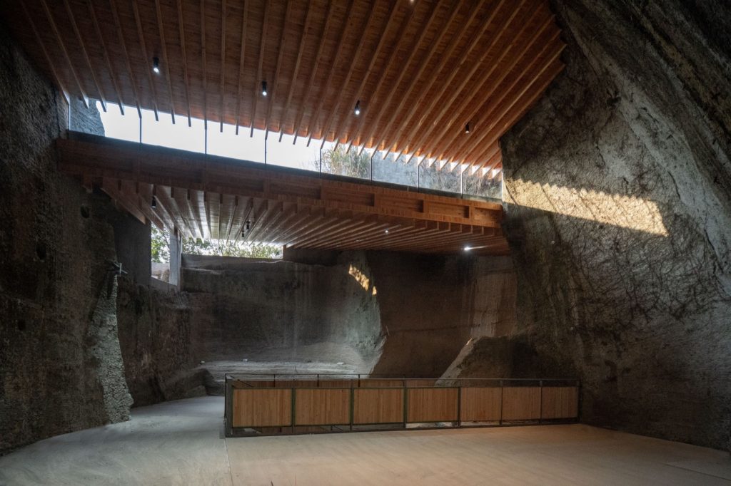 Timber roof and counters within the stone enclosure