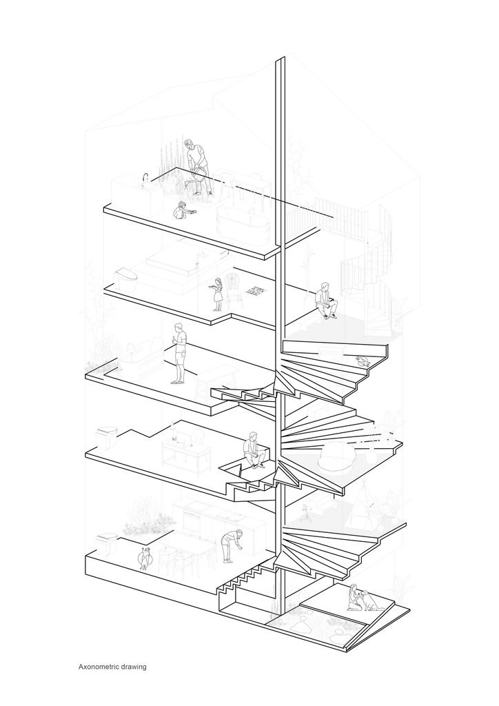 Axonometric drawing of the stepped circulation