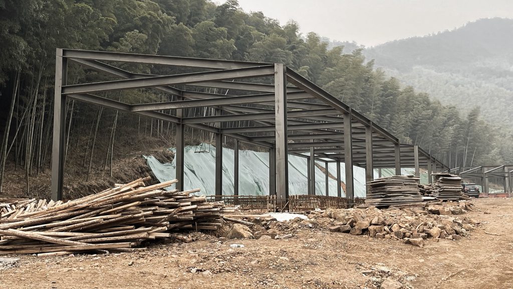 Steel aviary frames during construction
