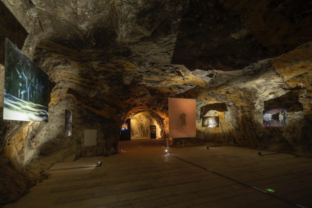 Exhibition displays along a quarry tunnel