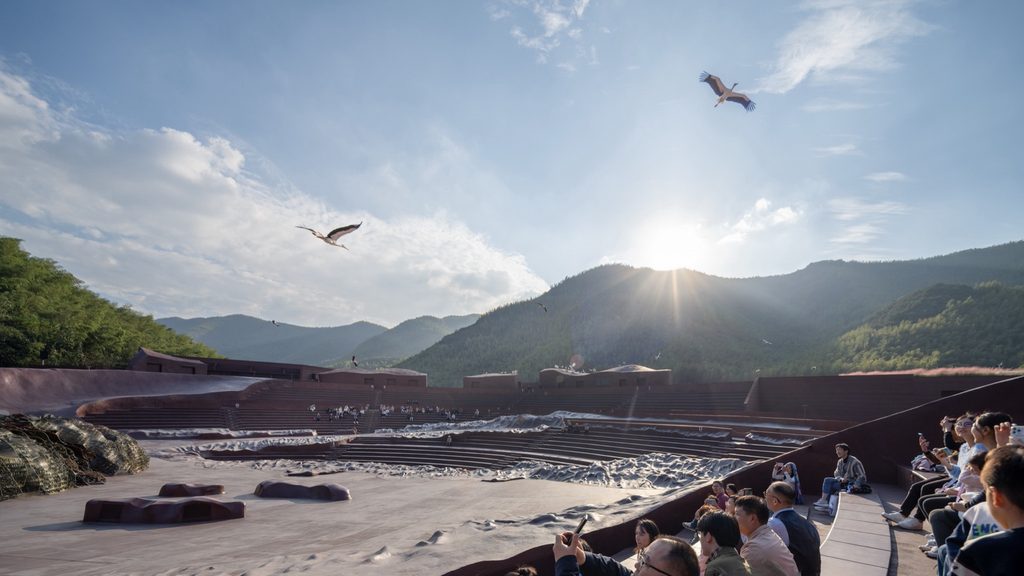 Audience watching birds above the outdoor stage