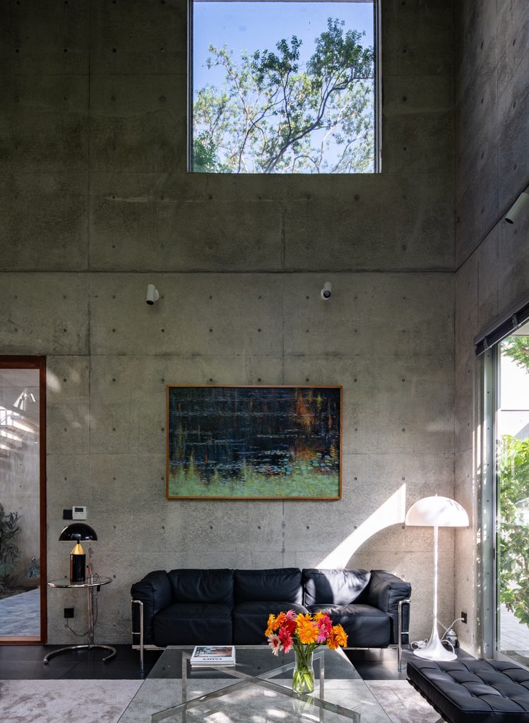Living room under a high concrete wall and skylight