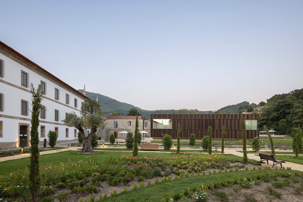 Garden paths between the monastery and spa at dusk