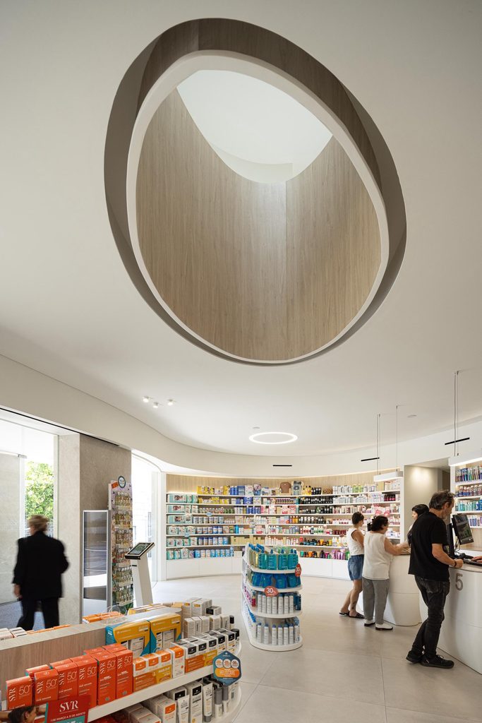 Oval ceiling opening above the pharmacy sales floor