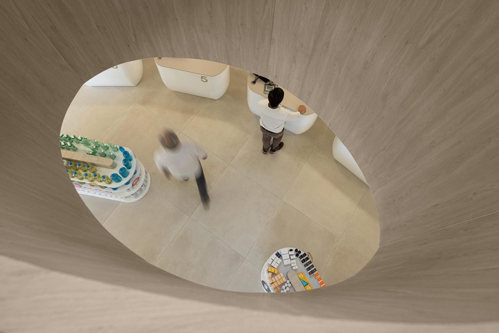 View down through the central opening to the retail floor